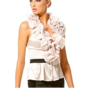 Bebe Smokey Pearl Ivory White & Black Silk Blend Ruffled Floral Halter Top Small